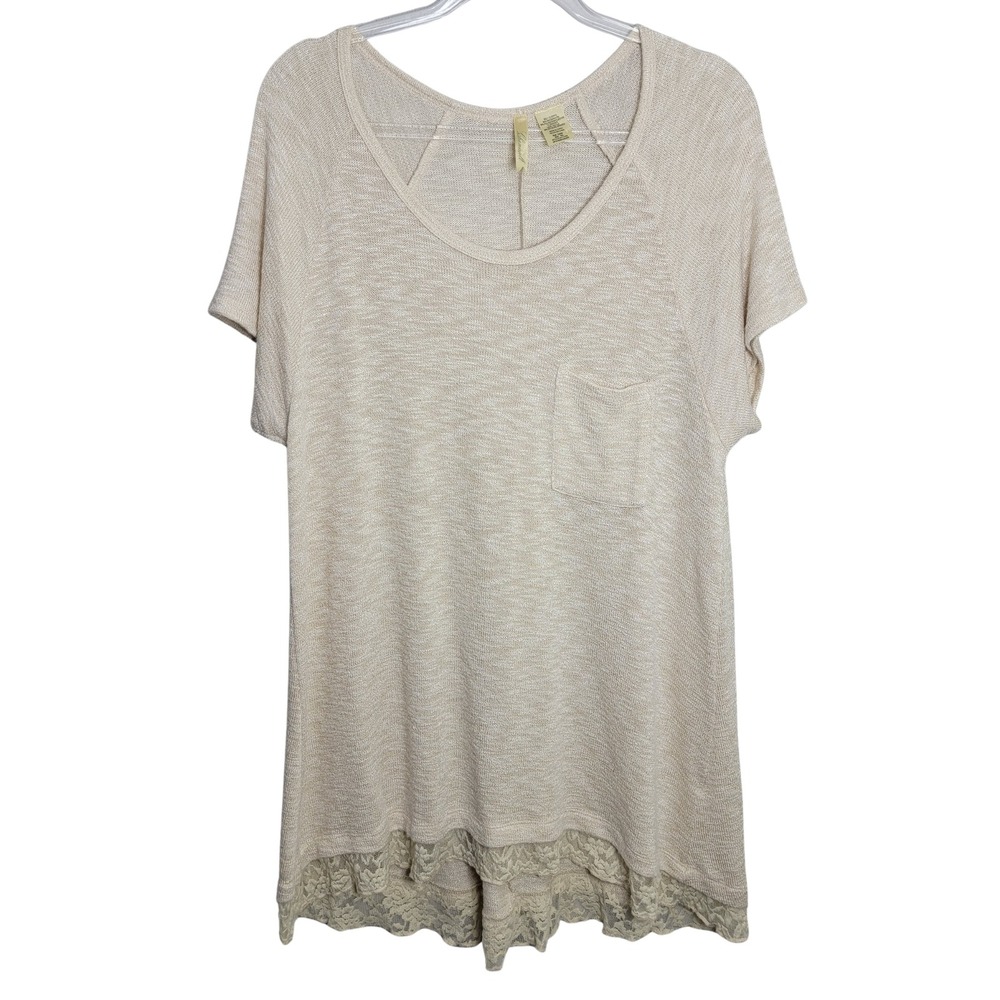 Chenault Womens XXL Boho Beige Lace Trim Short Sleeve Knit Tunic Top‎